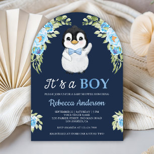 Invitation Baby Shower Pingouin Floral Aquarelle Bleu Marine