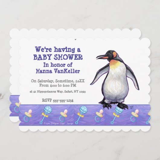 Invitation Baby shower Pingouin mignon (Devant / Derrière)