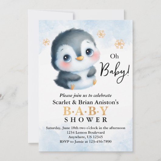 Invitation Baby shower Pingouin mignon (Devant)