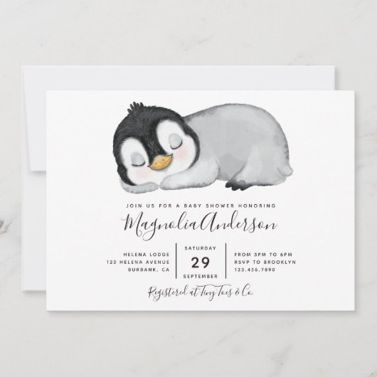 Invitation Baby shower Pingouin mignon (Devant)