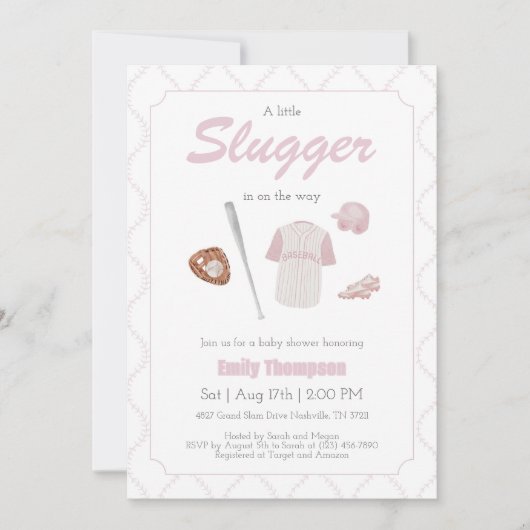 Invitation Baby shower Pink A Little Slugger (Devant)