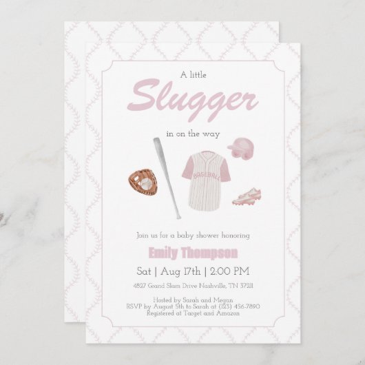 Invitation Baby shower Pink A Little Slugger (Devant / Derrière)