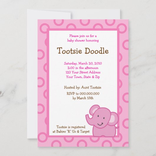 Invitation Baby shower Pink Elephant 5x7 (Devant)