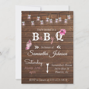 Invitation Baby shower Pink Girl Party BBQ Rustique Bois