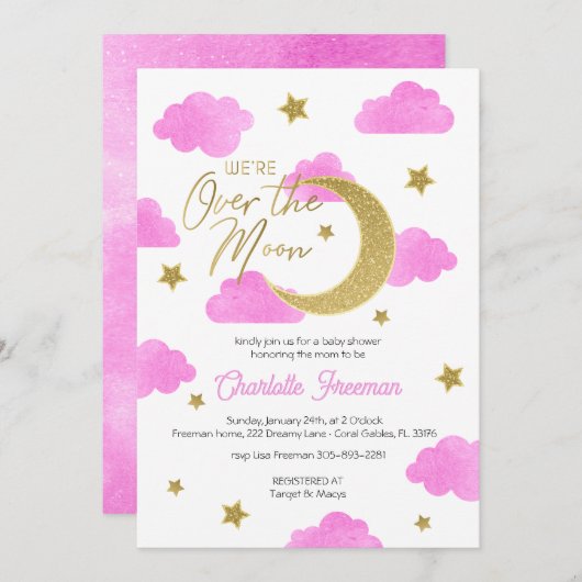 Invitation Baby shower Pink Gold Moon & Stars (Devant / Derrière)
