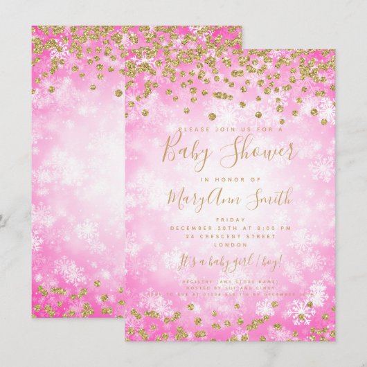Invitation Baby shower Pink Gold Parties scintillant Winter W (Devant / Derrière)