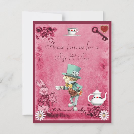 Invitation Baby shower Pink Mad Hatter Sip & See (Devant)