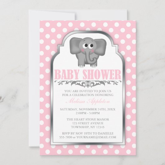 Invitation Baby shower Pink Polka Dot, un joli éléphant (Devant)