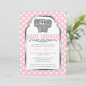 Invitation Baby shower Pink Polka Dot, un joli éléphant (Debout devant)