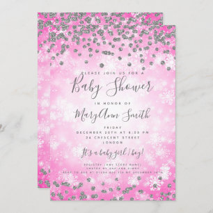 Invitation Baby shower Pink Silver Parties scintillant Winter