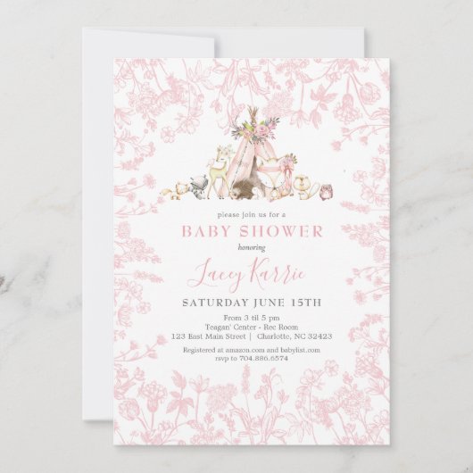 Invitation Baby shower Pink Woodland (Devant)
