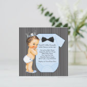 Invitation Baby shower Pinstripe Black Blue Prince (Debout devant)