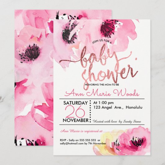 Invitation Baby shower PixDezines Aquarelle rose Roses (Devant / Derrière)