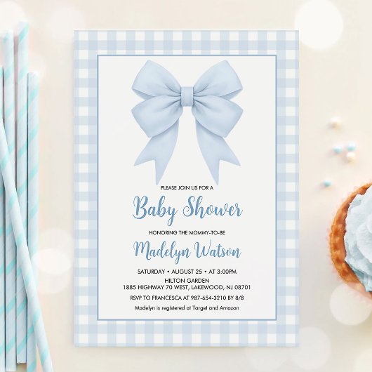 Invitation Baby shower Plaid Bleu Et Bow Bleu