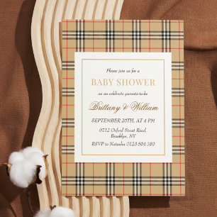 Invitation Baby shower Plaid Chèque Beige