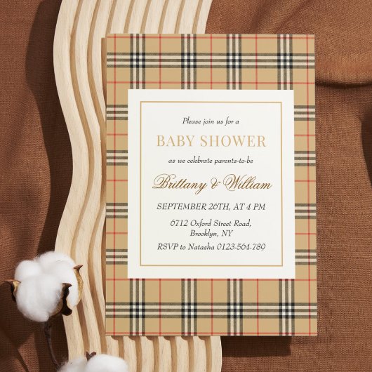 Invitation Baby shower Plaid Chèque Beige