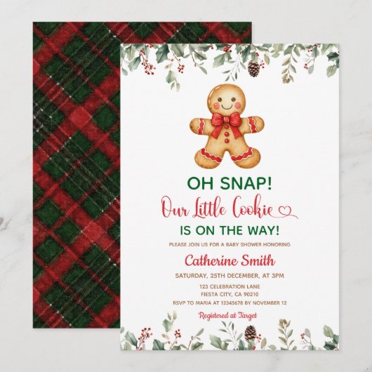 Invitation Baby Shower Plaid Gingerbread Noël Classique (Devant / Derrière)