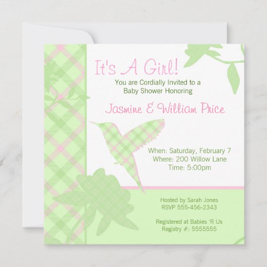 Invitation Baby shower Plaid Hummingbird Pink & Gr (Devant)
