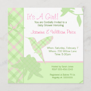 Invitation Baby shower Plaid Hummingbird Pink & Gr