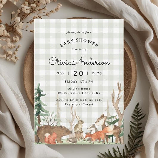 Invitation Baby Shower Plaid Rustique Forêt d'Hiver