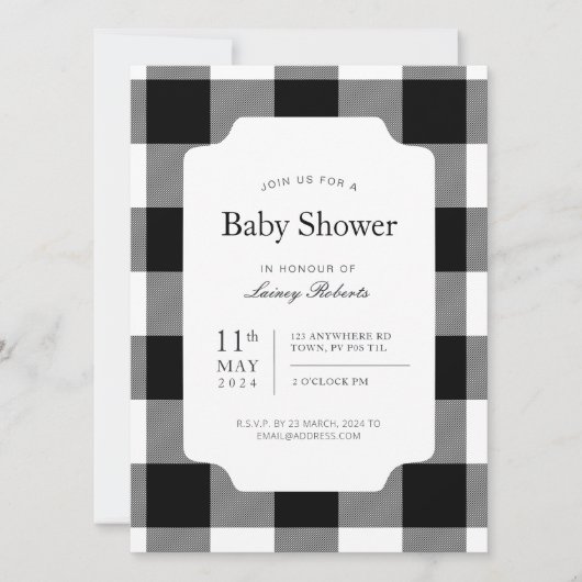 Invitation Baby shower plat de buffle noir et blanc rustique (Devant)