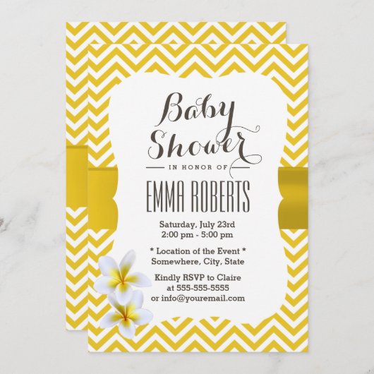 Invitation Baby shower Plumeria Jaune Classique Chevron (Devant / Derrière)
