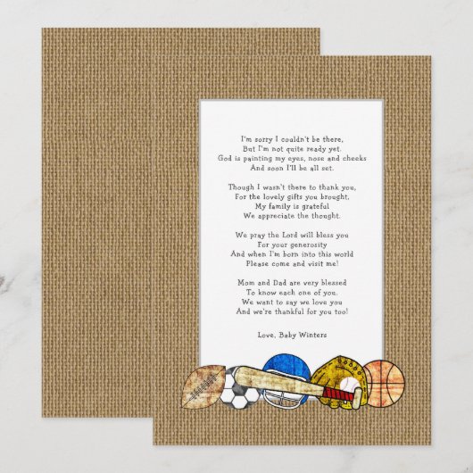 Invitation Baby shower poème merci notes, sports rustiques (Devant / Derrière)