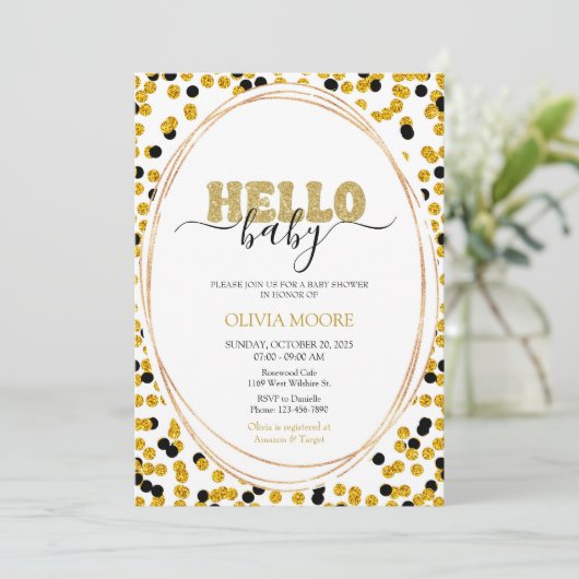 Invitation baby shower points noir et or (Debout devant)