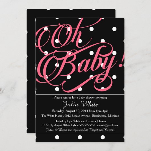 Invitation Baby shower, points noirs, blancs et roses (Devant / Derrière)