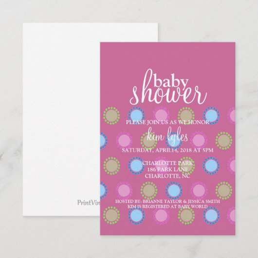 Invitation Baby shower - points - violet (Devant / Derrière)