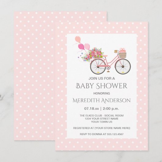 Invitation Baby shower Pois à fleurs de bicyclette rose (Devant / Derrière)