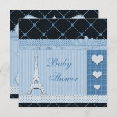 Invitation Baby shower Pois bleu Tour Eiffel (Devant / Derrière)