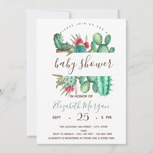 Invitation Baby shower Pois Cactus aquarelle (Devant)
