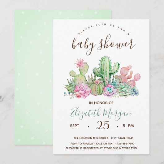 Invitation Baby shower Pois Cactus aquarelle (Devant / Derrière)