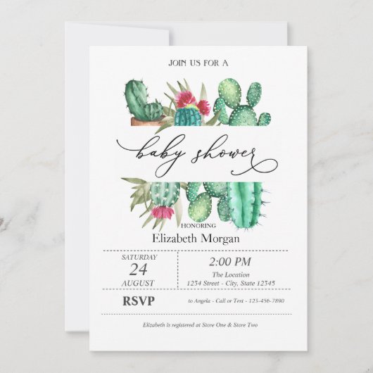 Invitation Baby shower Pois Cactus aquarelle (Devant)