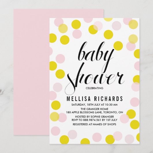 Invitation Baby shower Pois Confetti rose et jaune (Devant / Derrière)