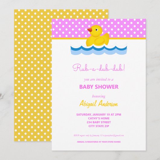 Invitation Baby shower Pois de canard rose et jaune (Devant / Derrière)
