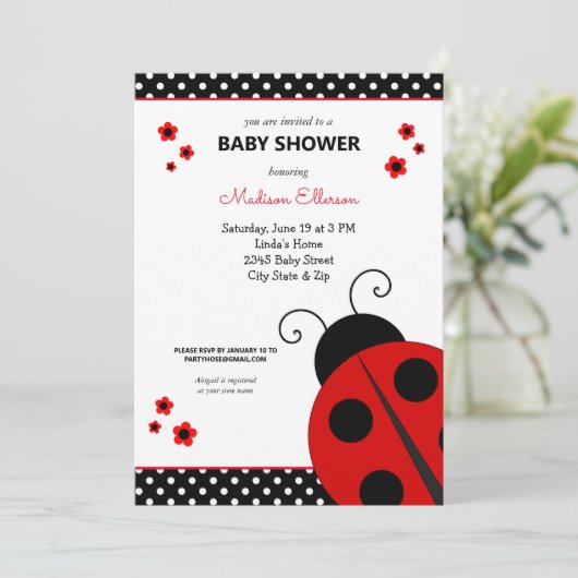 Invitation Baby shower Pois de Ladybug (Debout devant)