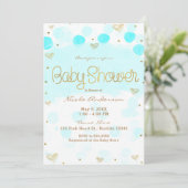 Invitation Baby shower Pois et Coeurs Bleu Or Blanc (Debout devant)