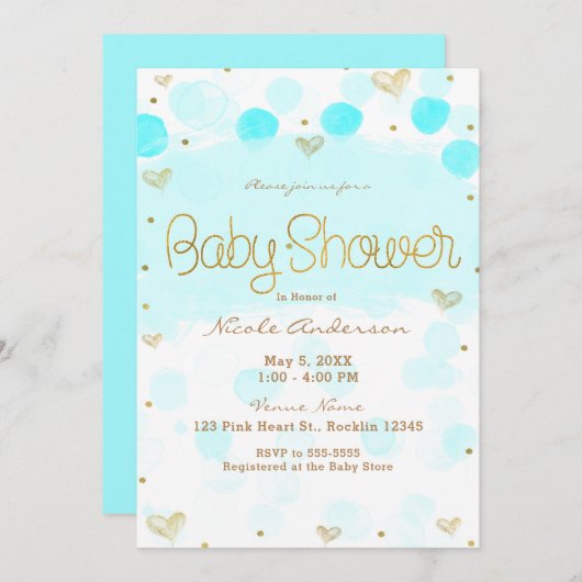 Invitation Baby shower Pois et Coeurs Bleu Or Blanc (Devant / Derrière)