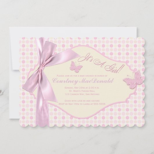 Invitation Baby shower Pois IMPRIMÉ BOW/Ribbon Pink (Devant)