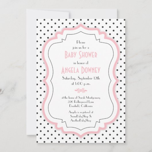 Invitation Baby shower Pois rose noir (Devant)