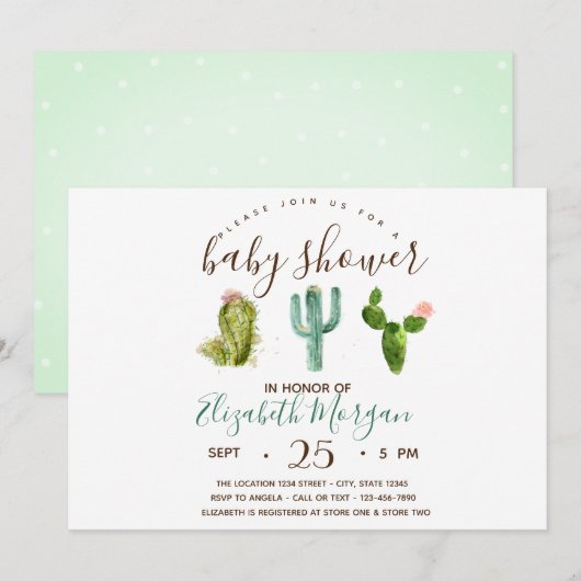 Invitation Baby shower Pois Succulent aquarelle (Devant / Derrière)