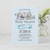 Invitation Baby shower Pois Twins Boy Elephant Blue (Debout devant)