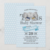 Invitation Baby shower Pois Twins Boy Elephant Blue (Devant / Derrière)