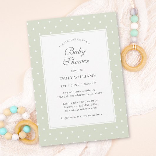Invitation Baby shower Pois vert et blanc de Sage clair