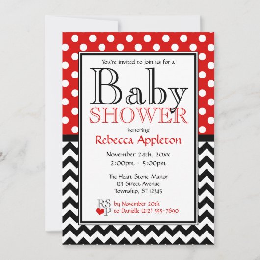 Invitation Baby shower Polka Dot Red & Chevron (Devant)