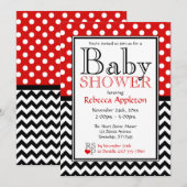 Invitation Baby shower Polka Dot Red & Chevron (Devant / Derrière)