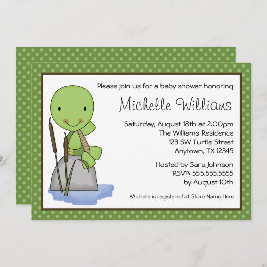 Invitation Baby shower Polka Dot Vert Turtle (Devant / Derrière)