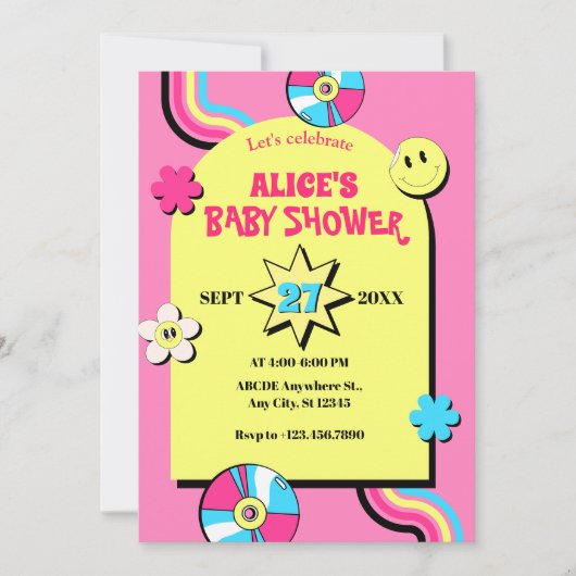 Invitation Baby shower pop fun rétro coloré (Devant)